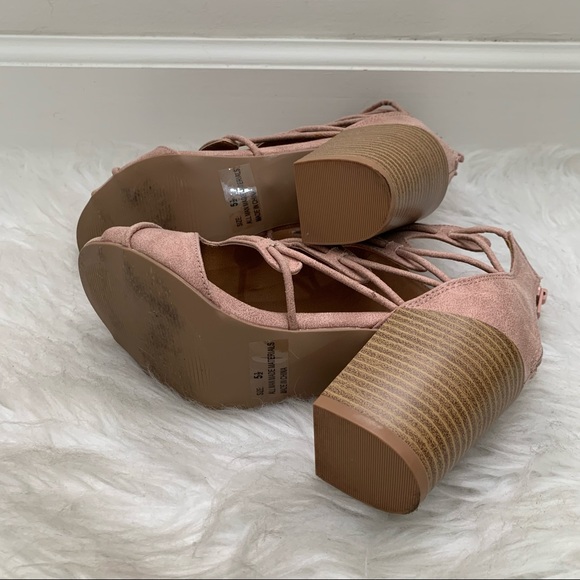 Qupid Clyde Cut Out Strappy Blush Pink Peep Toe Block Heel Booties - Picture 11 of 12